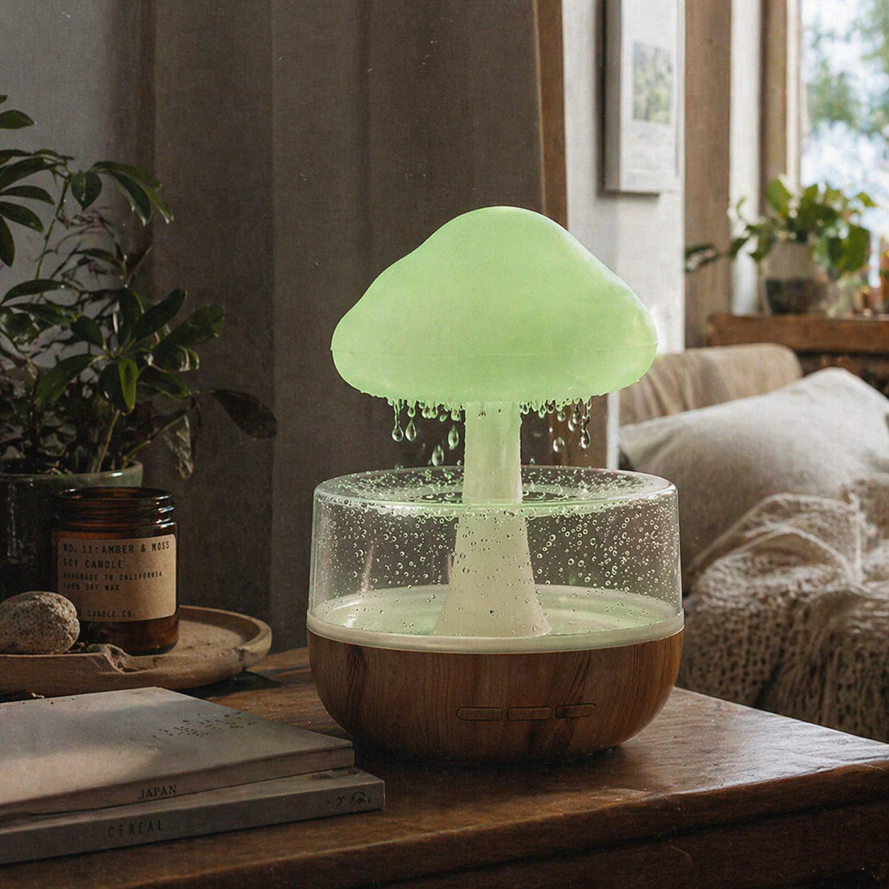 Nimbus Rain Hub in green light mode, bedroom window setting