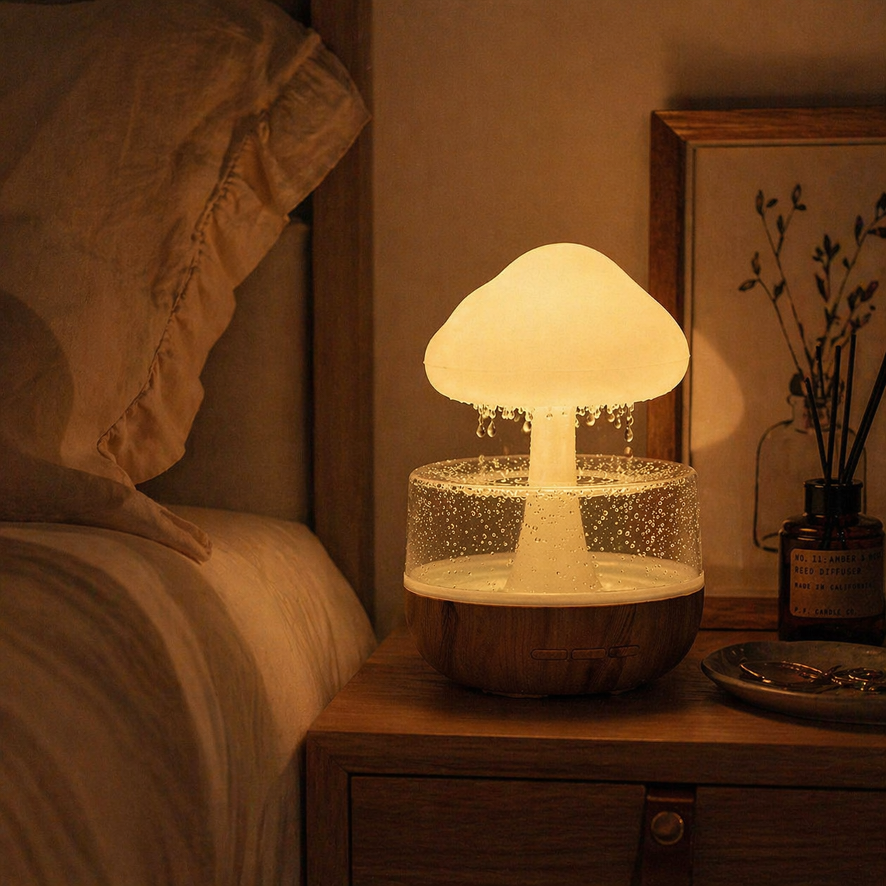 Nimbus Rain Hub on bedside table, warm white ambient light with gentle rain effect – The End-of-Day Starter by LumenBreeze